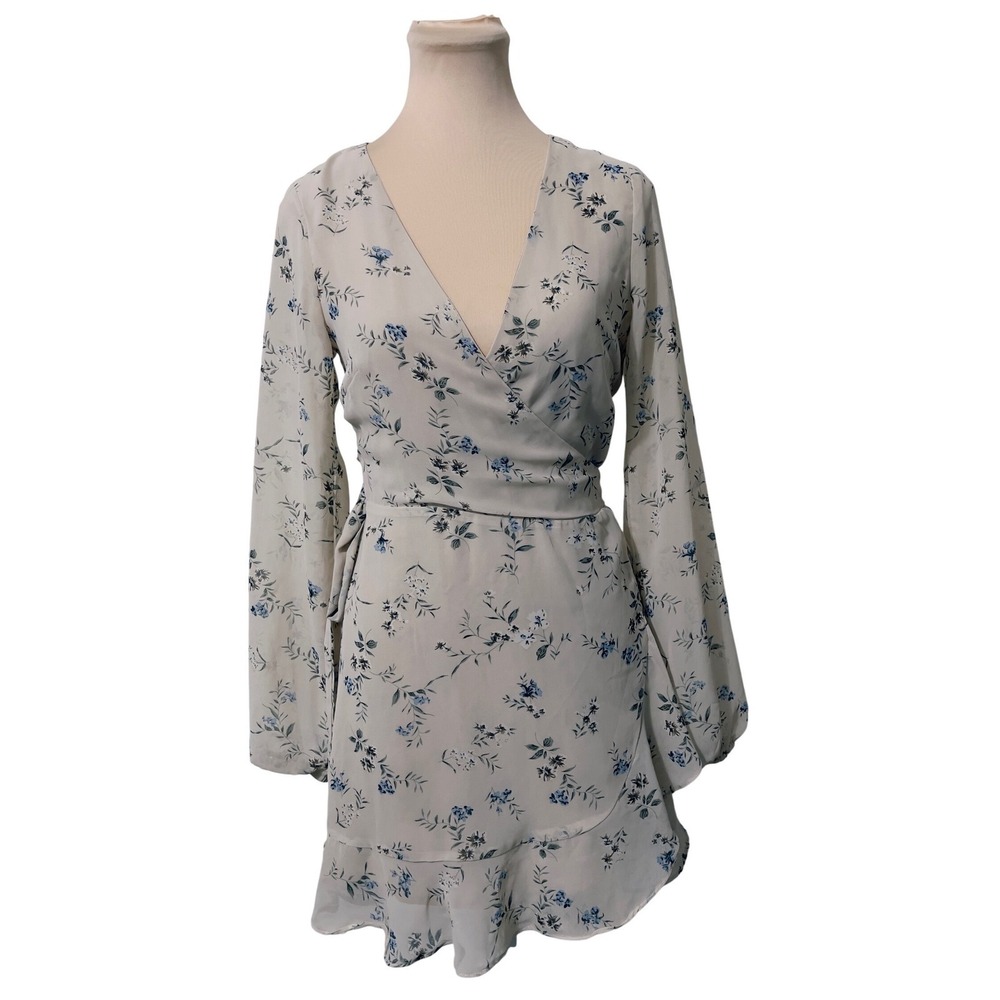 Grade & Gather Floral Wrap Mini Dress Small Blue Cream Whimsy Cottagecore Ruffle